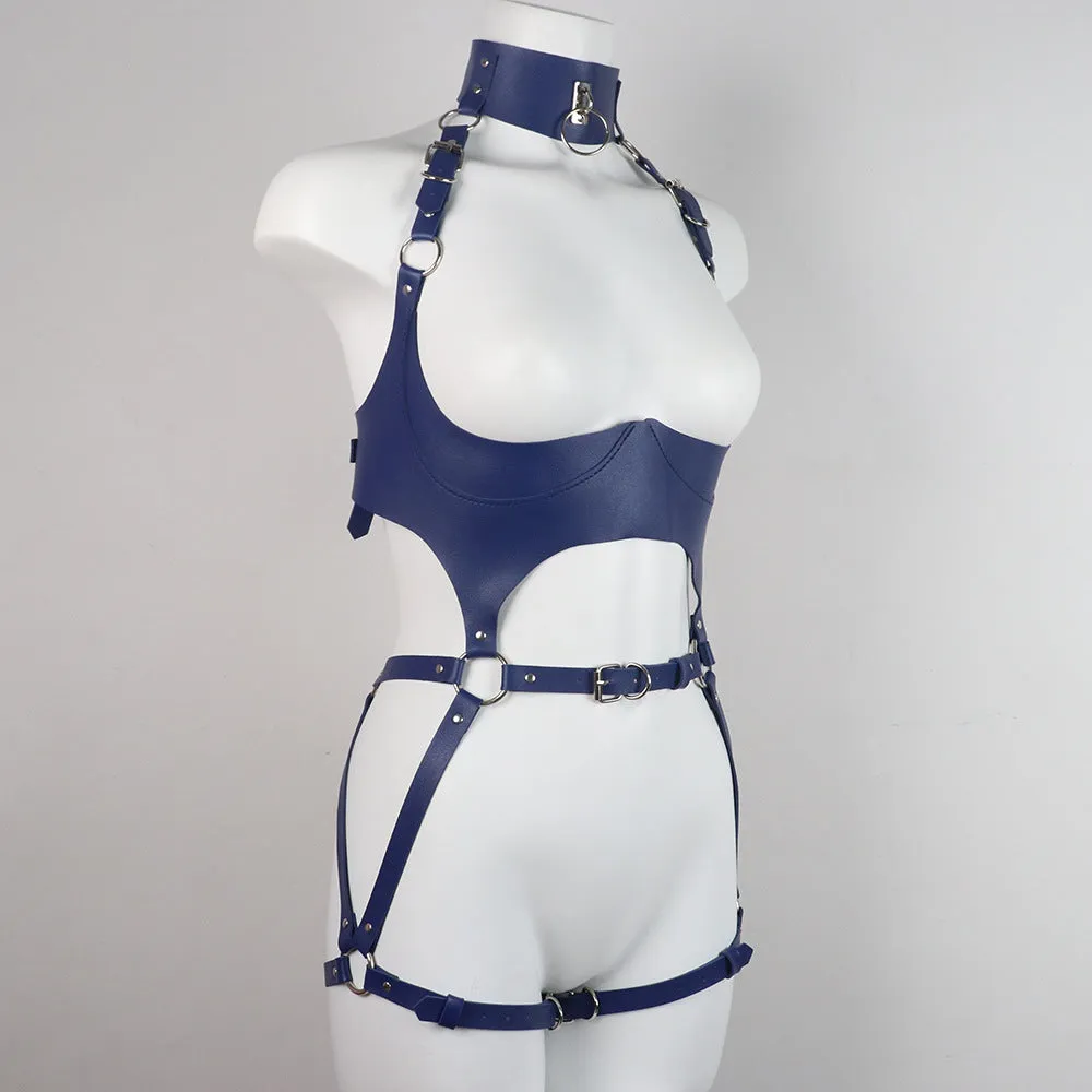 Faux Leather Chocker Neck Metal Buckle Belts Harness