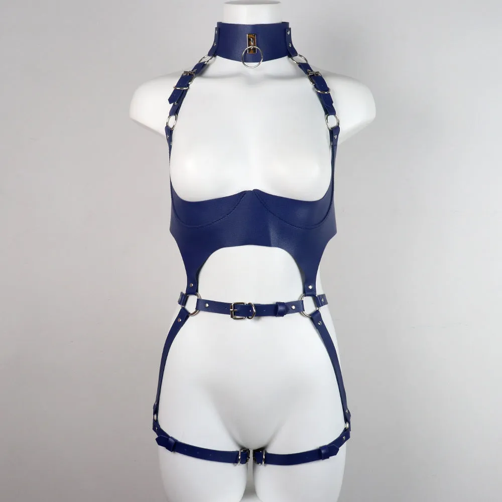 Faux Leather Chocker Neck Metal Buckle Belts Harness