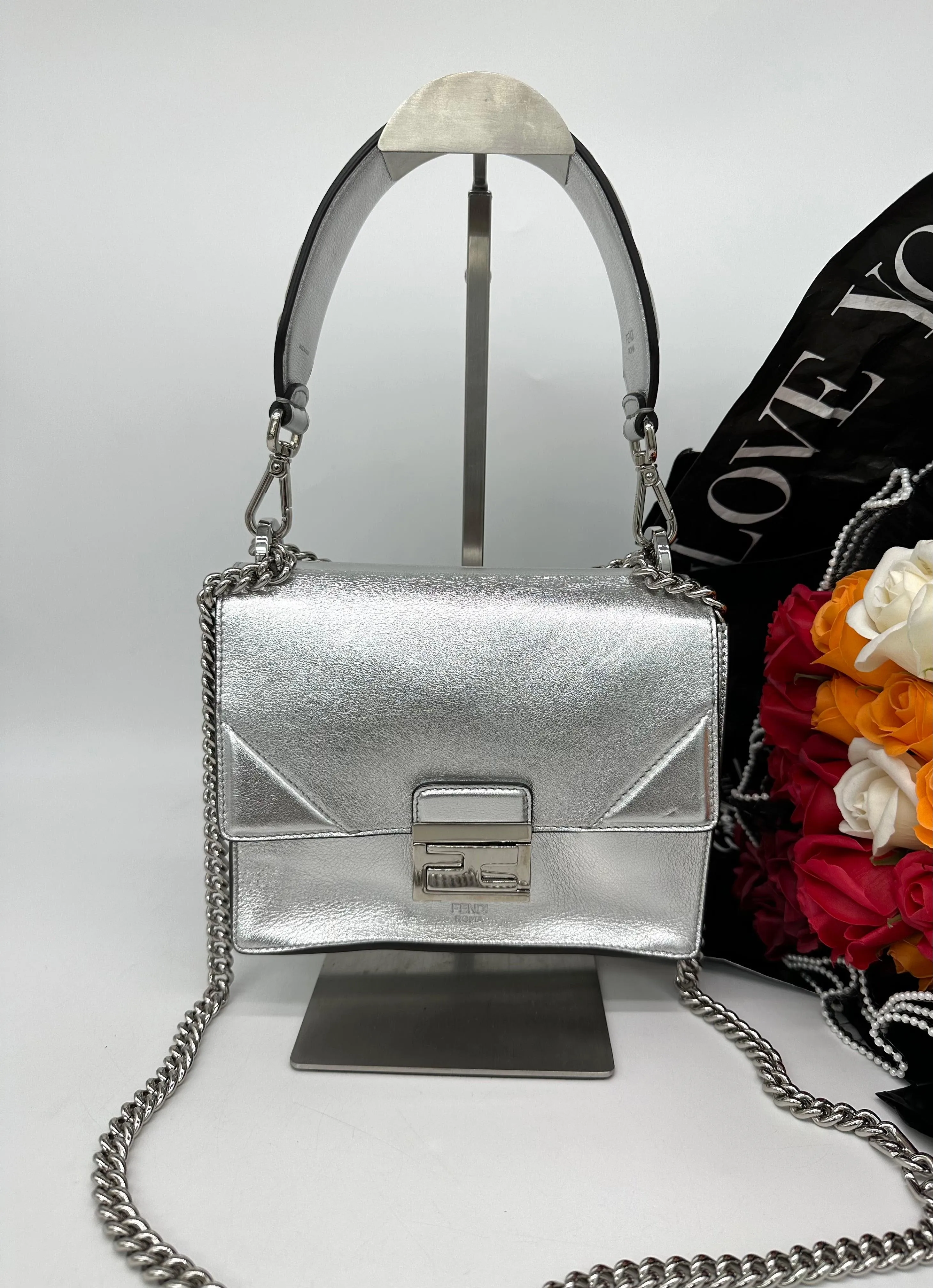 FENDI Kan U Chain Sling Bag Silver Leather For Women Bag