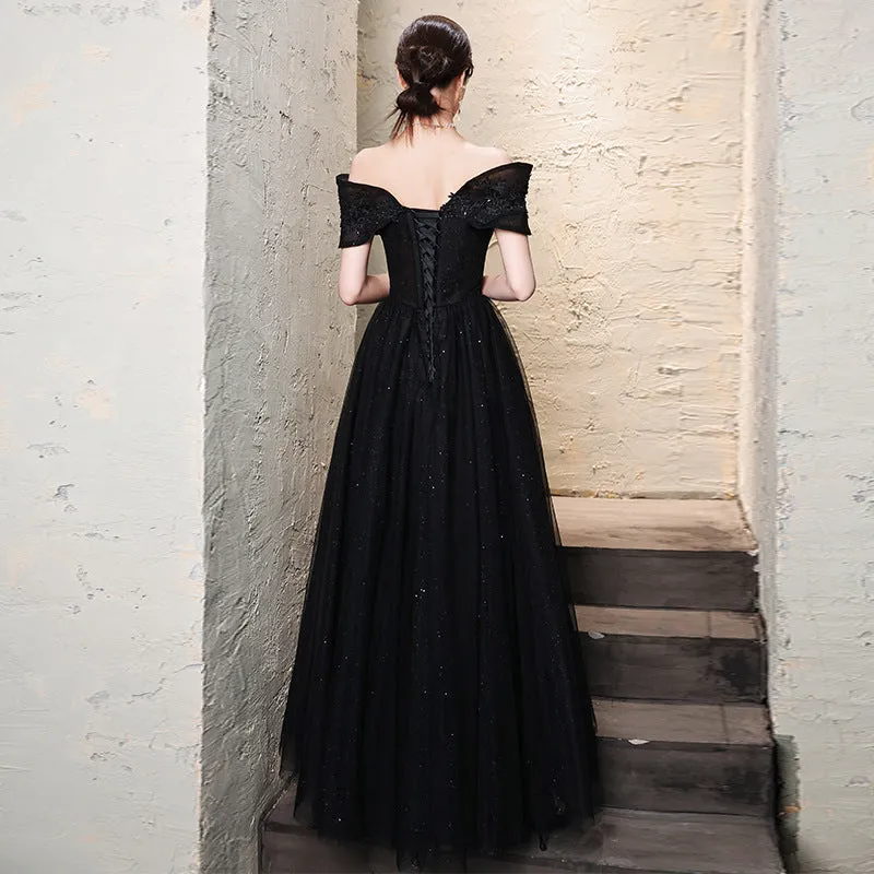 Off  Shoulder Black Sparkly Long Prom Dress Formal Evening Gown 208