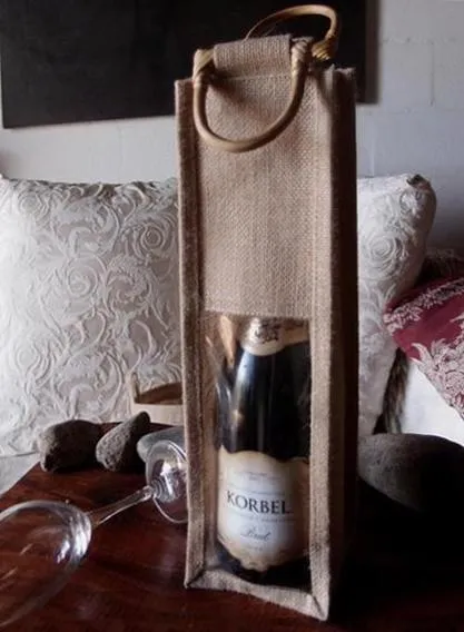 Single Bottle Burlap Gift Wine Bags with Wooden Handles & PVC Window  WJ165