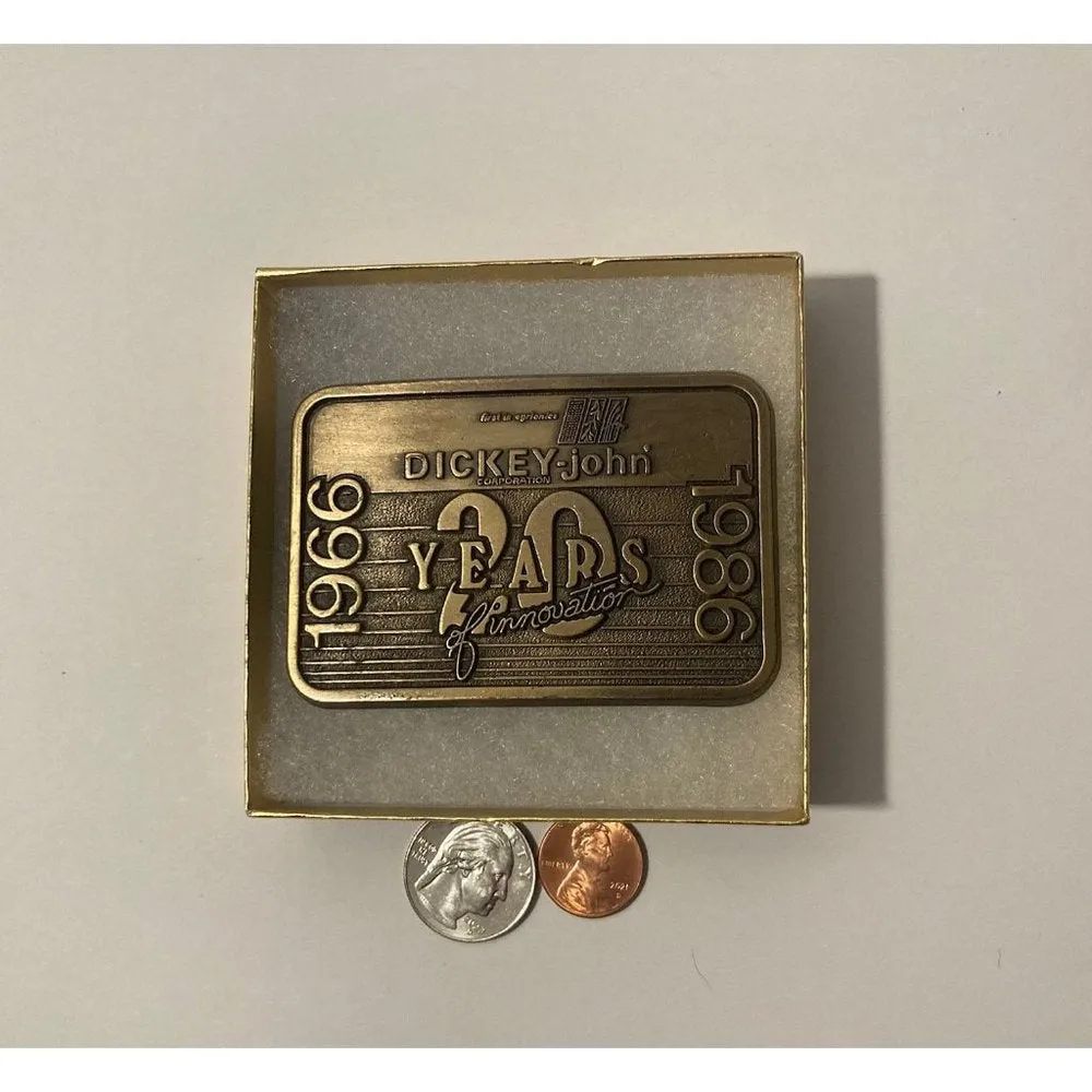 Vintage 1986 Metal Belt Buckle, Brass, Dickey John, Nice Design