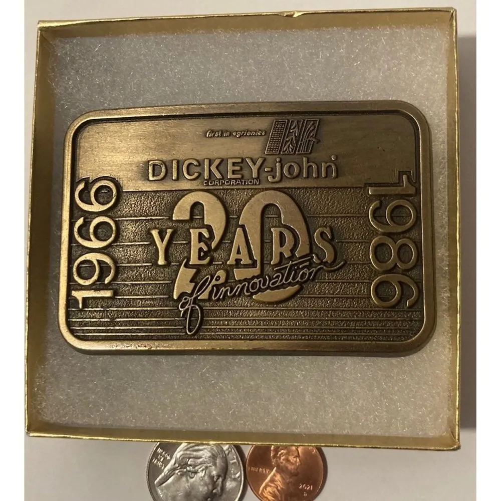 Vintage 1986 Metal Belt Buckle, Brass, Dickey John, Nice Design