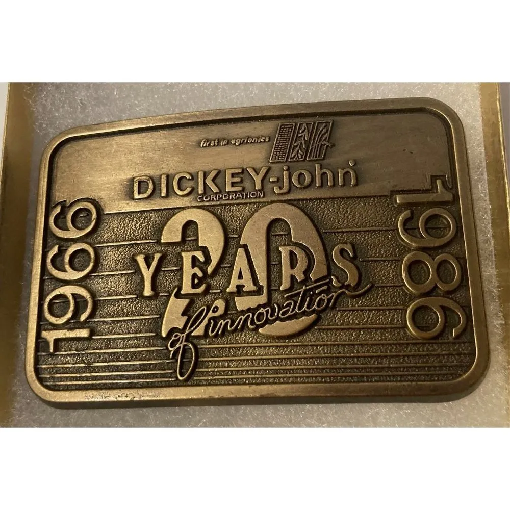 Vintage 1986 Metal Belt Buckle, Brass, Dickey John, Nice Design