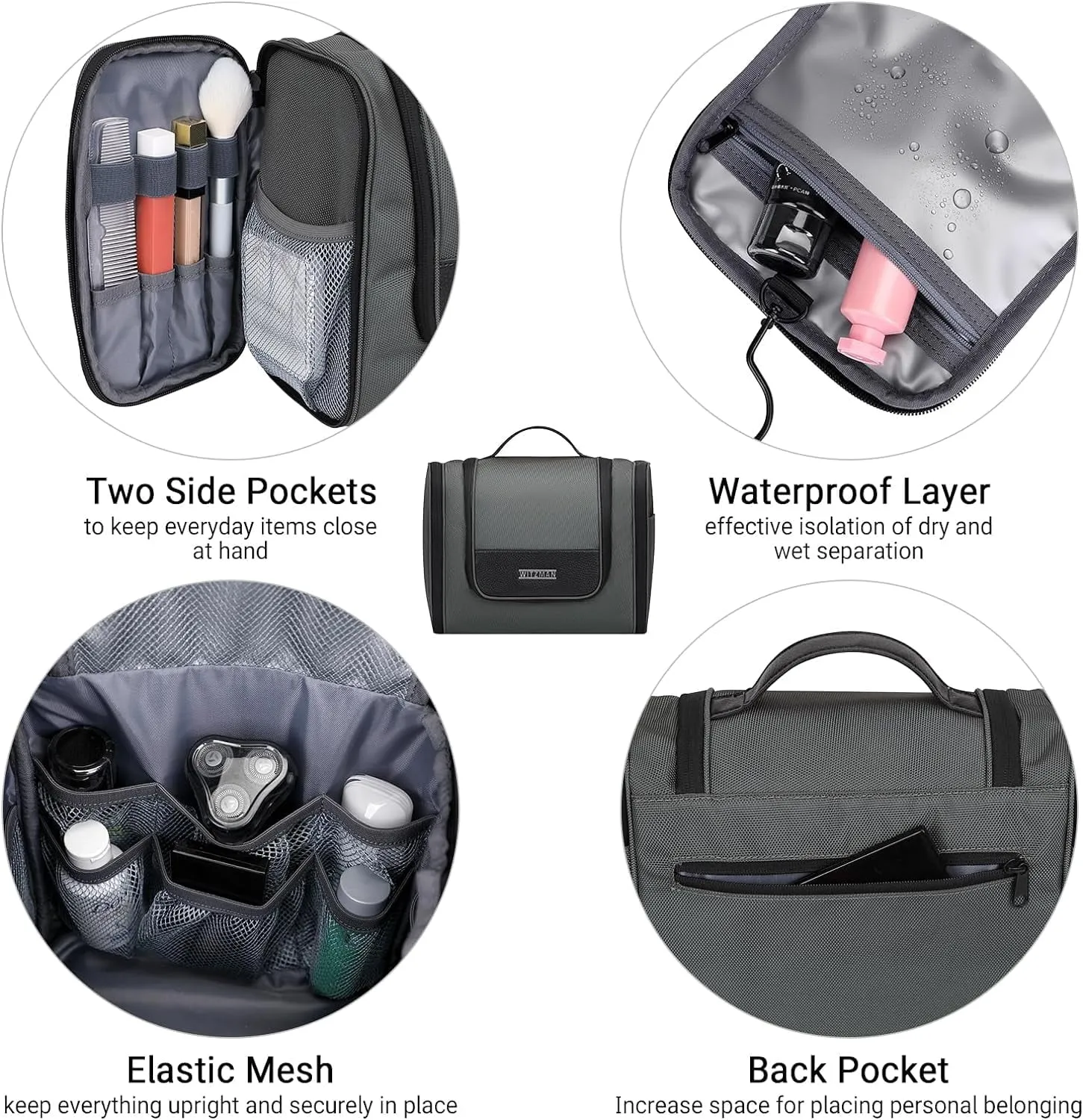 WITZMAN Toiletry Bag for Men Large Hanging Multi-organization Bathroom Bag Water-resistant Dopp Kit Shaving Bag Men(B690 Grey)