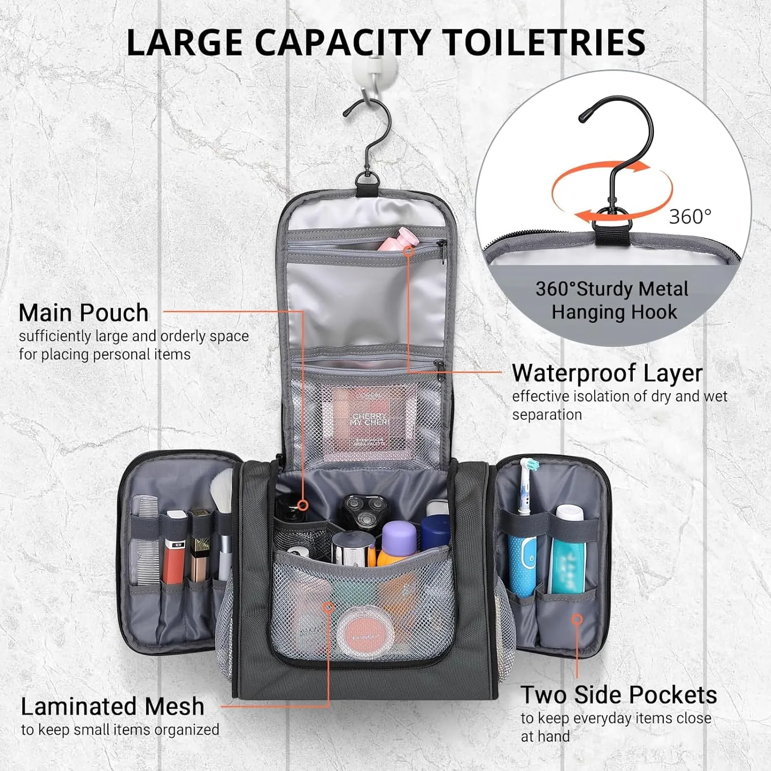 WITZMAN Toiletry Bag for Men Large Hanging Multi-organization Bathroom Bag Water-resistant Dopp Kit Shaving Bag Men(B690 Grey)