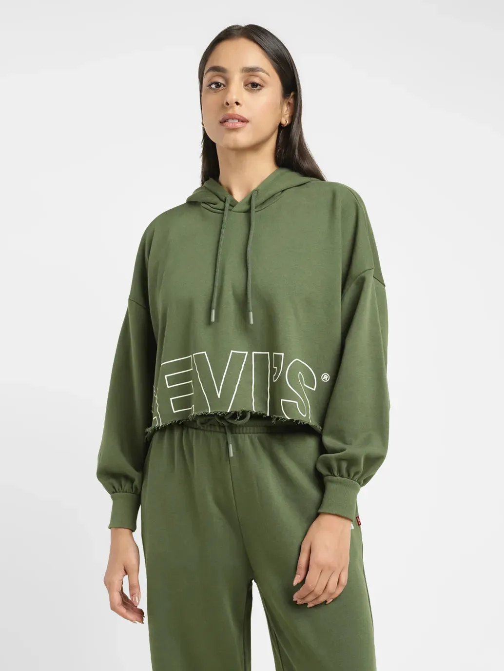 Women's Brand Logo Green Hooded Sweatshirt