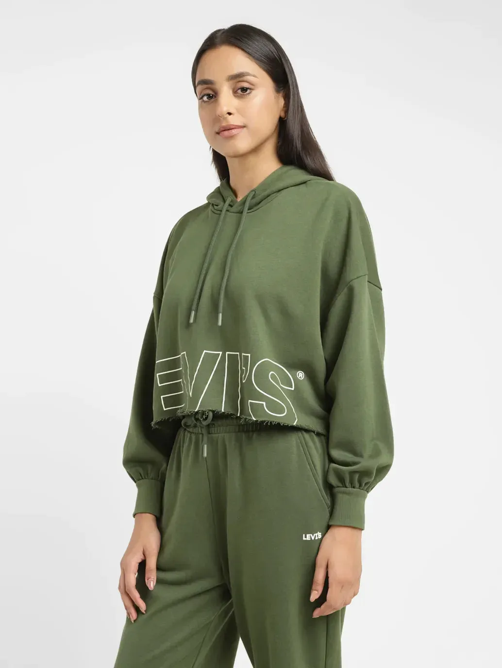 Women's Brand Logo Green Hooded Sweatshirt